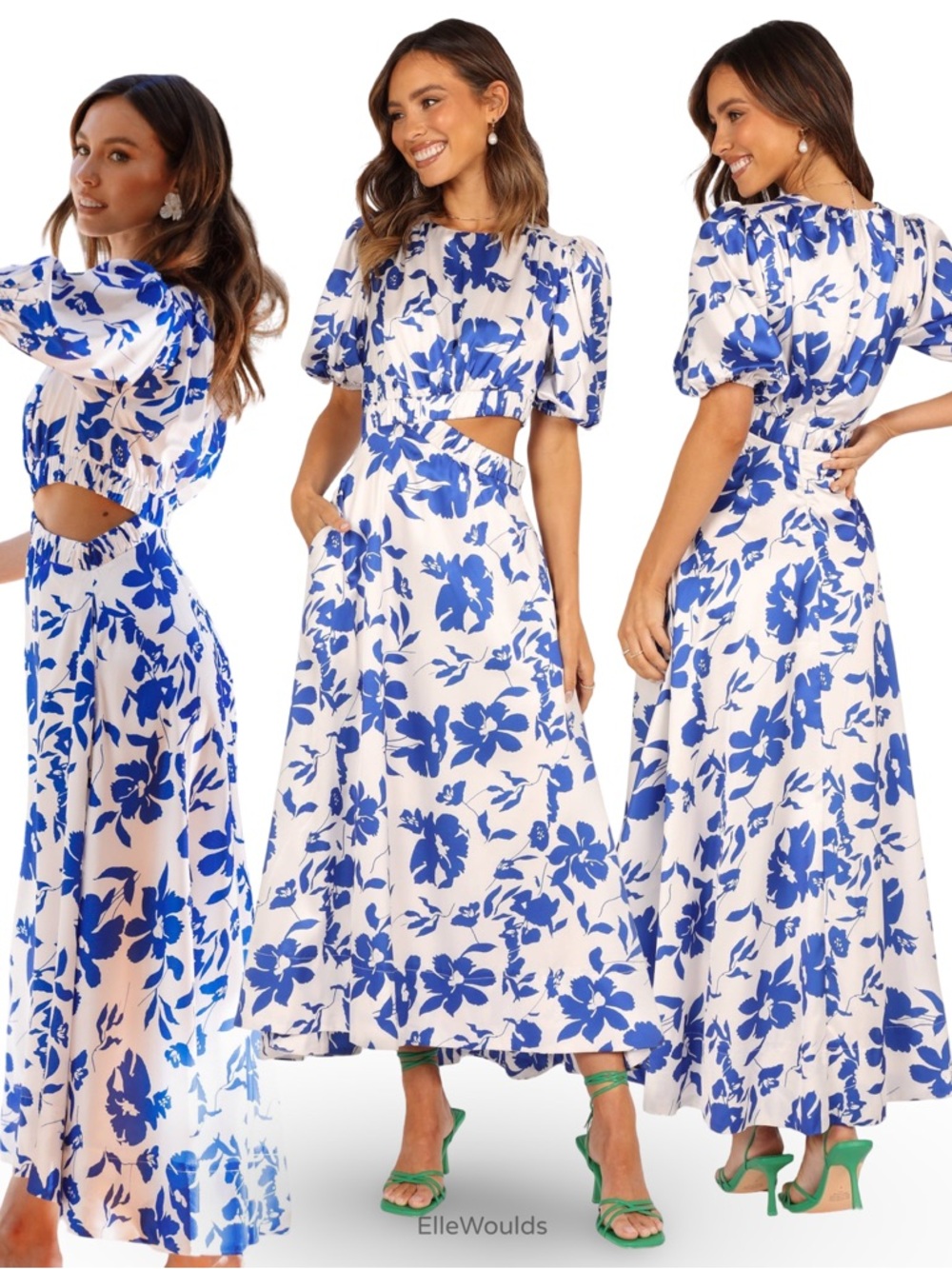 Petal & Pup Aminah Puff Sleeve Dress White Blue Size Large